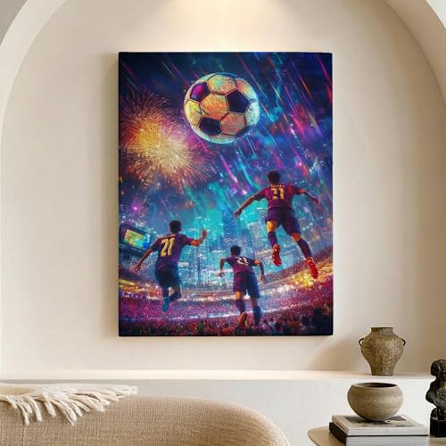 Tableau de football sur toile haut de gamme décoration murale salon jaune et bleu