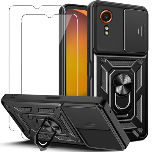 KUSINHOKA Funda para Samsung Galaxy Xcover 7 con Protección de Cámara Cubierta y Soporte de Anillo + [2 Pack] Cristal Templado, [Antigolpes Grado Militar] [Anti arañazos] Protectora Carcasa, Negro