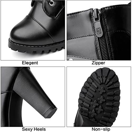 Susanny Goth Boots For Women Harley Boots Black Steampunk Shoes Heeled Combat Boots Gothic Leather High Heel Mid Calf Motorcycle Boots 7.5 #TOP5