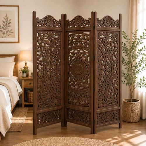 Image of Wooden Room Divider Partition for Living Room Bedroom & Office Foldable Modern Decorative Partition for Home, Pooja Room & Studio - Space Saving Freestanding (6 Feet 3 Panel Colour Brown)