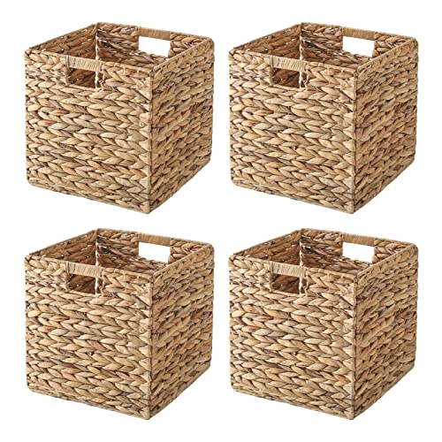 Image of VK VK·LIVING Foldable Handwoven Water Hyacinth Storage Baskets Wicker Cube Baskets Rectangular Laundry Organizer Totes for Bedroom, Living Room,Nursery Room, Shelves, Pantry 4 Pack 11.8x11.8x11.8inch