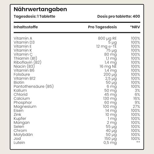 Multivitamin Tabletten Hochdosiert - 400 Tagedosis Vitamine, Mineralien & Ergänzungsmittel A-Z Vitamine + Mineralstoffe | Nahrungsergänzungsmittel Frauen/Männer Vegan Multivitamin Komplex, VitaBright