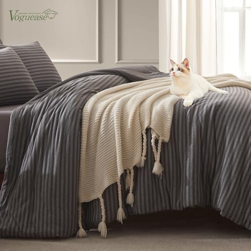 Image of Twin Comforter Set Comforters Twin Size Bed Sets, Luxury Ultra-Soft Jersey Knit Bedding, Strip /Dark Gray Lightweight Down Alternative Bed Comforter for All Season, 2 Piece Bedding Set