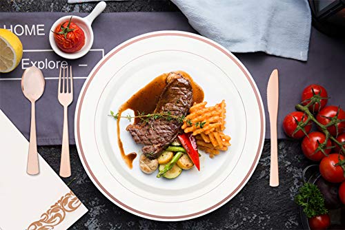 Kapati 105 Piece Guest Rose Gold Disposable Plastic Dinnerware Set Including 15 Dinner Plates, 15 Salad Plates, 15 Spoons, 15 Forks, 15 Knives, 15 Cups, 15 Linen Like Napkins (Rose Gold - 105 Piece) #TOP4