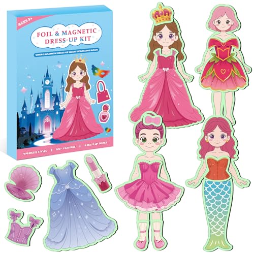 Magnetic Dress Up Dolls for Girls, Princess Mermaid Fairy Ballerina Unicorn Foil Art and Craft Fun Kit Travel Game Car Airplane Activity Toys Valentine’s Day Gifts for Kids Ages 3 4 5 6 7 8 9 10 11 12