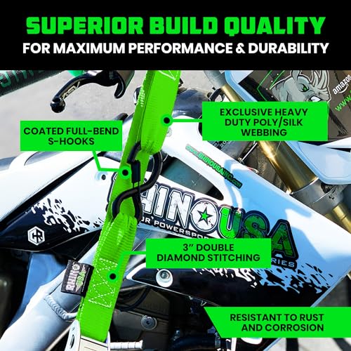 Image of Rhino USA Motorcycle Tie Down Straps (2 Pack) Lab Inspected 2,200lb Break Strength, Steel Cambuckle Tiedown Set with Integrated Soft Loops - Better Than a Ratchet Strap (Green 2-Pack)