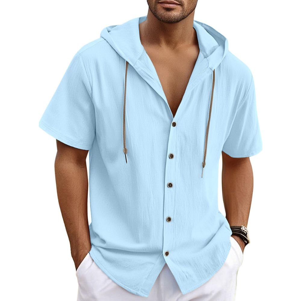Camicia da uomo, in cotone e lino, con cappuccio, a maniche corte, da spiaggia, estiva, elegante