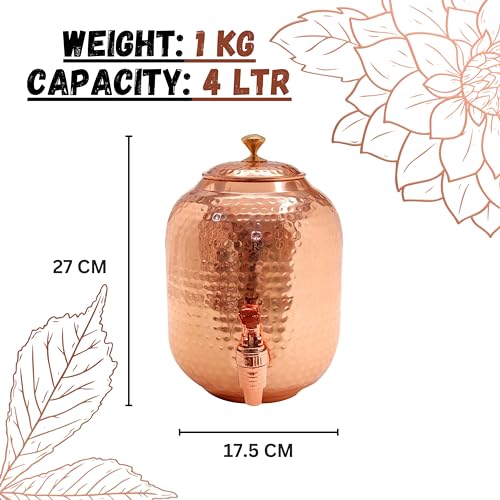 Image of Copper Water Matka - 4L | with Rustic Hammered Design | Copper Water Storage Dispenser with Ayurvedic Health Beneifts | for Home and Offices Purpose