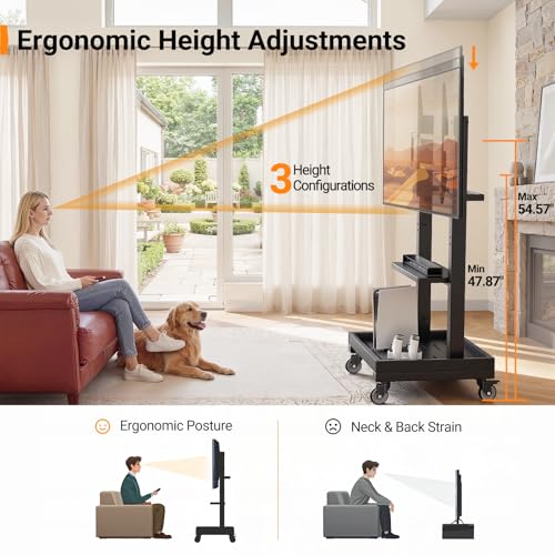 Image of Perlegear Rolling TV Stand for 32 inch-110 inch TVs up to 250 lbs, Outdoor TV Stand with Large Wheels, Handle & Power Outlet, Height Adjustable Mobile TV Cart with Wood Shelf, Max VESA 800x600mm, PGTVMC24B