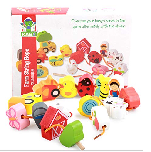 Lacing Farm Toy Wooden Block Set Early Educational Toys String & Lacing Beads Games for Toddlers Kids Farm Animal Learning Play Set (16 Pieces)