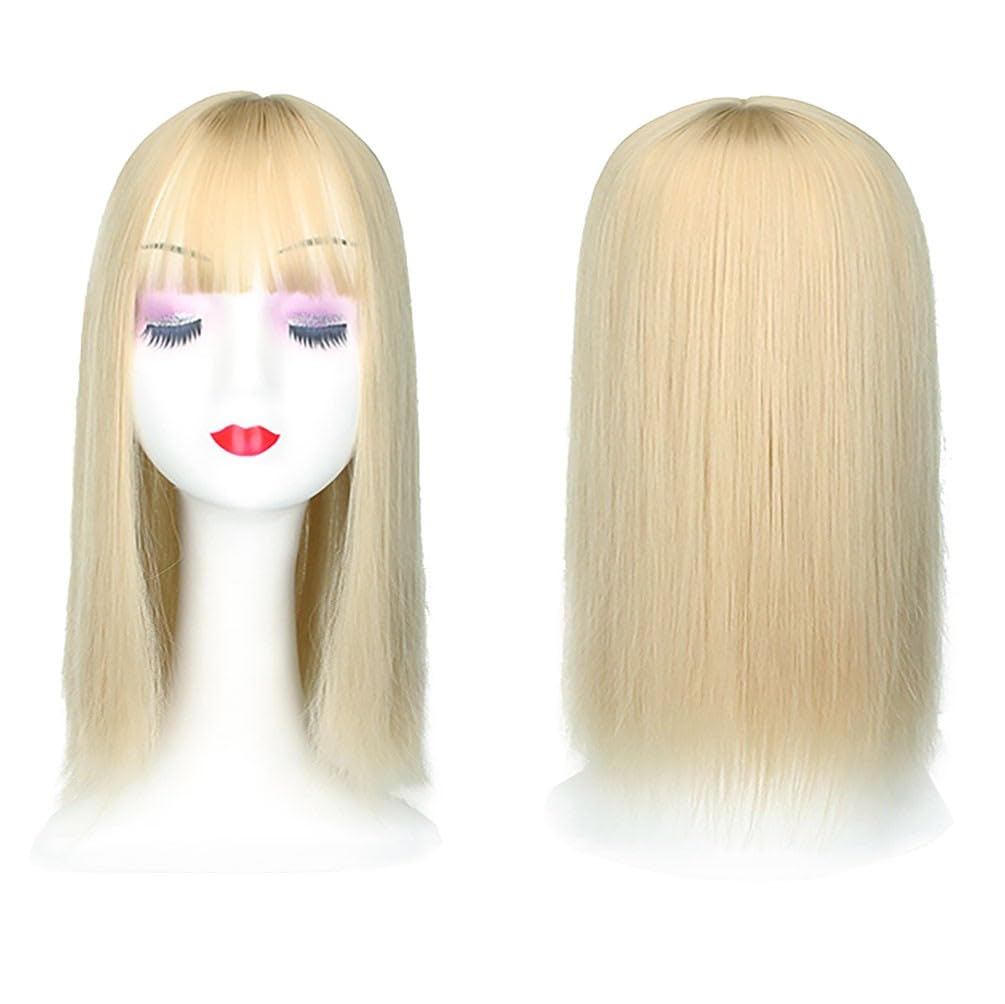Silk Straight Hair Topper Thick Bangs 16inch Clip in One Piece Invisible Wiglet Head Top Replacement for Women Hair Loss (Blonde) - Image 3