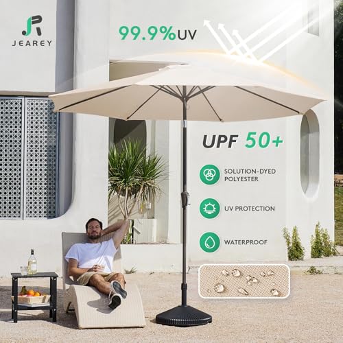 Image of JEAREY 9FT Outdoor Patio Umbrella Market Umbrella with Push Button Tilt and Crank, Outdoor Table Umbrellas 8 Sturdy Ribs UV Protection Waterproof for Garden, Deck, Backyard, Pool (Cream Beige)