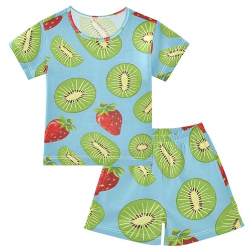 ALAZA Kiwis Strawberry Blue Pajamas Short Sleeve 2 Piece Sleepwear Top and Bottom Pajama Set Unisex