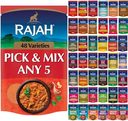 Rajah Spices Pick & Mix Any 5 - Customisable Spice Selection - Choose From Ground Spices Whole Spices Masala Blends Seasonings and Curry Powder