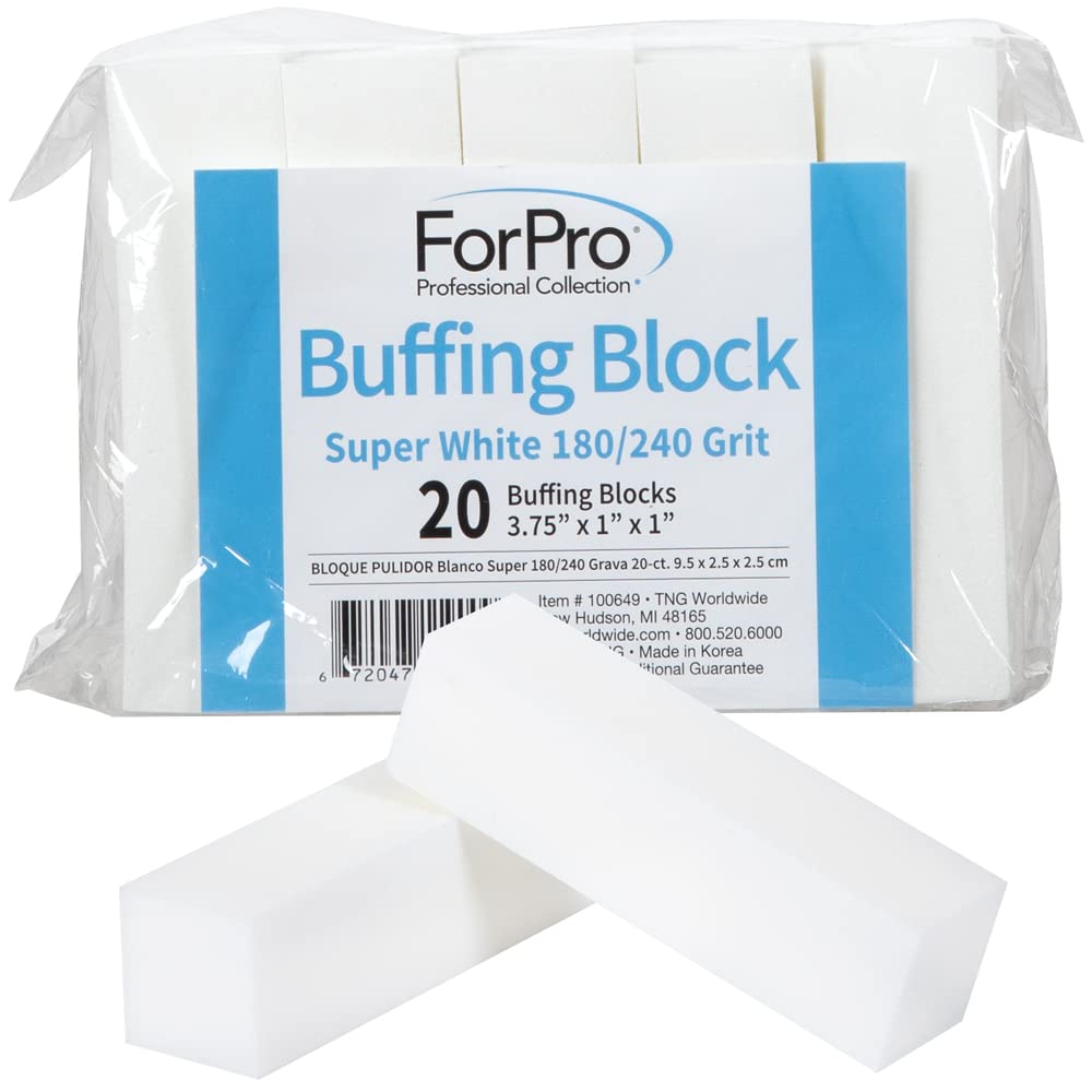 ForPro Buffing Block, Super White, 180/240 Grit, Four-Sided Manicure and Pedicure Nail Buffer, 3.75” L x 1” W x 1” H, 20-Count : Beauty & Personal Care