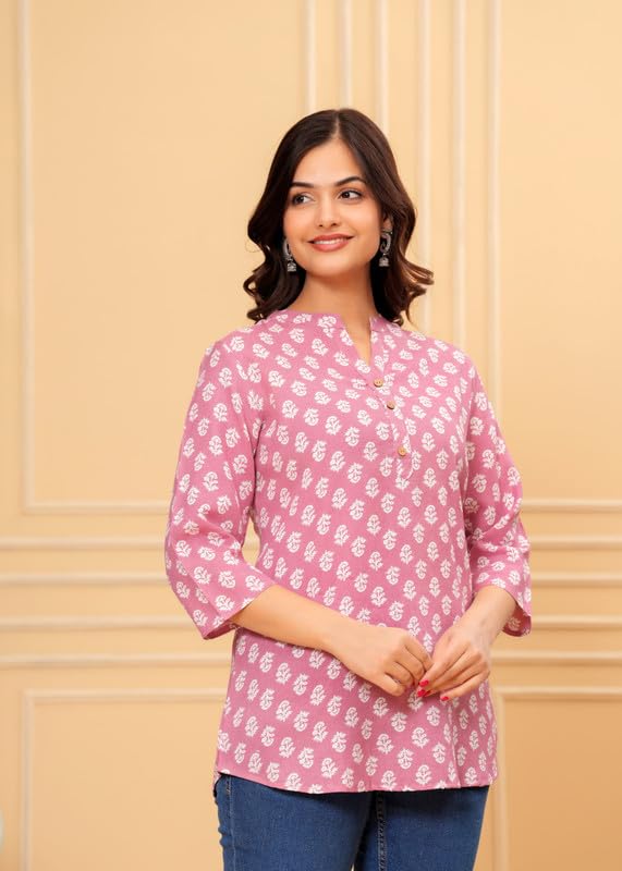 Image of Women's Cotton Printed Kurta Top | 3 /4 Sleeve Straight Kurti Casual Outings