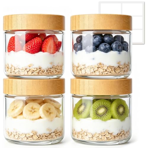 Image of ComSaf Overnight Oats Containers with Lids 10 oz, Small Glass Jars 4 Pack