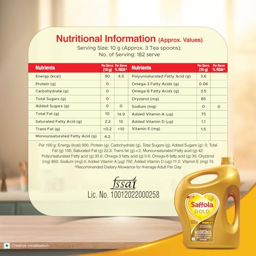 Image of Saffola Gold Refined Cooking oil | Power of 3 - Balance of Good Fats, Triple Anti-Oxidant System & Fortified with Vitamins | Multi-Source Edible Rice Bran & Corn Oil | 5 Litre Jar