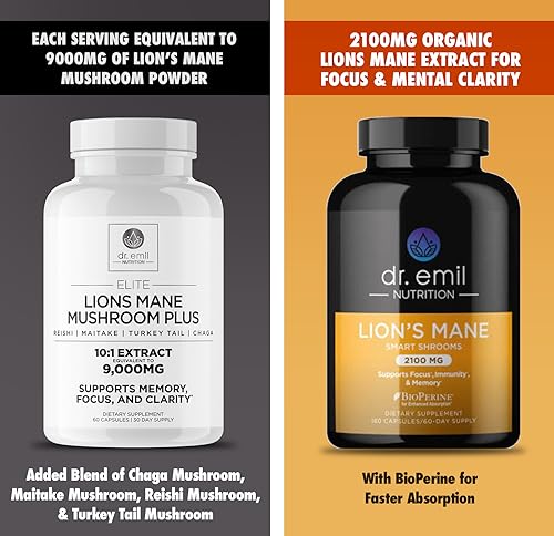 Dr. Emil Nutrition 9000Mg Organic Lions Mane Supplement Capsules With Chaga, Reishi & Maitake - Natural Mushroom Blend For Wellness Support thumb #1