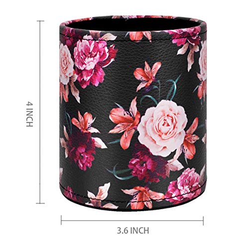 Image of Round Leather Pen Pencil Holder for Desk, Black Flower