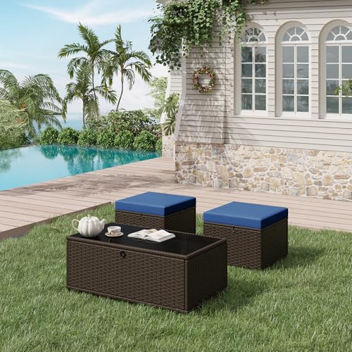 Image of HOMREST 3 Piece Patio Rattan Ottomans Set,Outdoor PE Wicker Footstool w /Removable Cushion, Storage Coffee Table & Multipurpose Footrest Stool for Porch, Poolside, Garden, Deck(Navy Blue) | Outdoor PE Wicker
