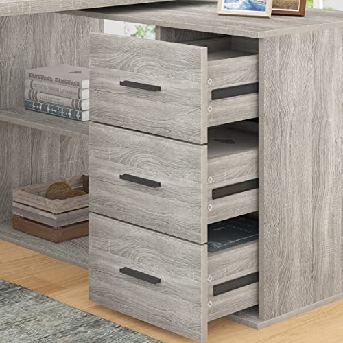 Image of HSH Grey L Shaped Computer Corner Desk with 3 Storage Drawers 60 inch | Reversible Home Office Corner Desk with 2 Open Side Shelves Modern Wood Executive L Desks for Bedroom,Study Workstation