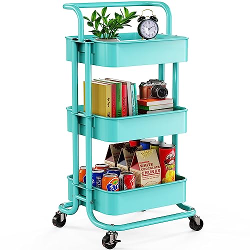 Image of Pipishell 3 Tier Mesh Utility Cart, Rolling Metal Organization Cart with Handle and Lockable Wheels, Multifunctional Storage Shelves for Kitchen Living Room Office Turquoise