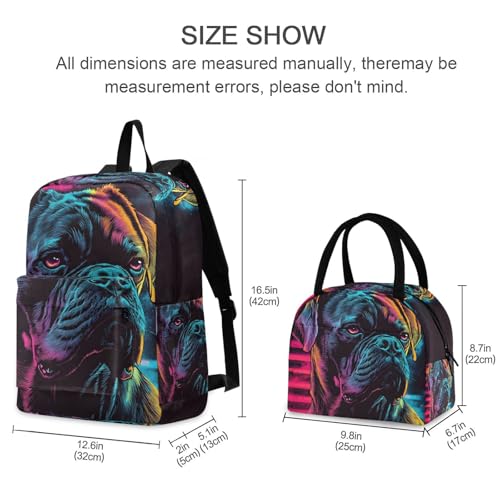 Backpack Lunch Box Set Large Capacity Travel Backpacks and Insulated Lunch Bag for Commute Hiking Picnic Neon Boxer Dog Print2
