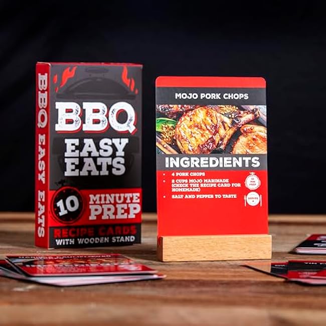 Boxer Gifts BBQ Eats Recipe Cards - 52 Delicious Tips, Tricks and BBQ Recipes for Beginners with Wooden Card Stand- Great Outdoor Grill Cooking Gift for Men