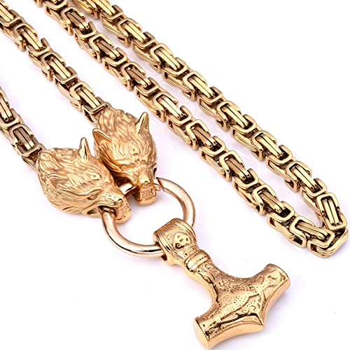 SBRTL Collar Vikingo para Hombre Martillo de Thor Fenris Wolf Acero Inoxidable Mjölnir Nudo Celta Colgante Nodic Jewelry Amulet, Gold Byzantine King Chain,Oro,50cm