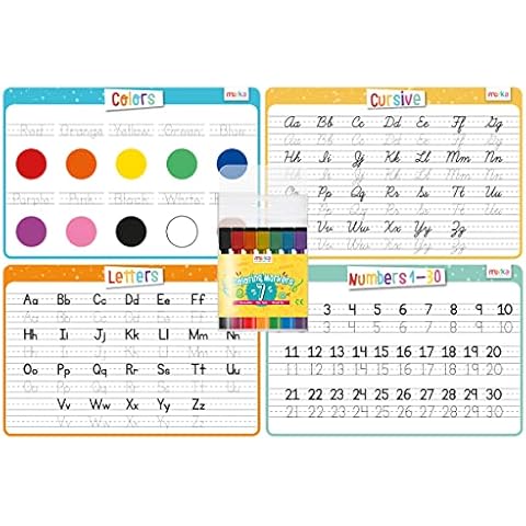 merka 4 Pack Educational Placemats for Kids with 7 Dry Erase Markers, Toddler Placemats for Dining Table, Tracing Activity Learn to Write Alphabet, Cursive, Numbers and Colors Cover