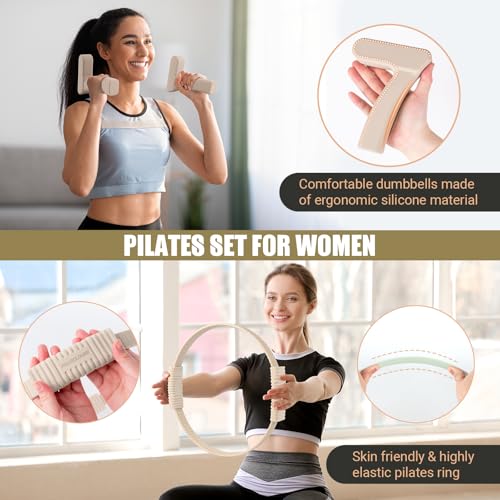 Pilates Ring Set, Pilates Essential Kit with Pilates Ring and Ball, 2.2lb *2 Ergonomic 7-Shaped Dumbbells, Portable Bag & Training Poster, at Home Workouts Pilates Sets for Women2