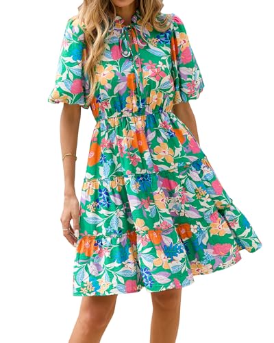Image of BTFBM Women Summer Floral Short Dresses V Neck Short Sleeve Tiered Ruffle Boho Swing Dress A-Line Mini Dresses