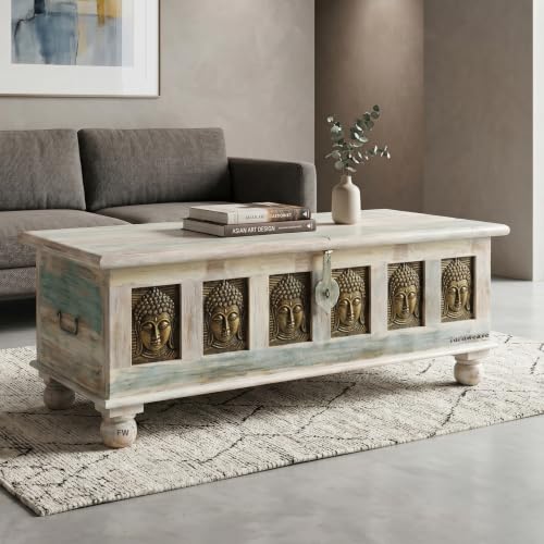 Image of Jaio Wooden Trunk Box for Storage | Solid Wood Coffee Table for Living Room | Handcrafted Center Tea Table with Sandook Storage for Living Room | Pitara for Home & Bedroom (White Reclaimed)