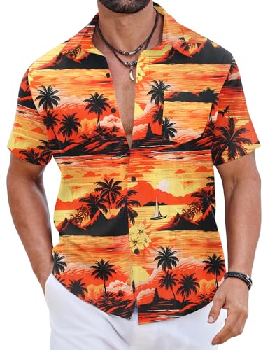 COOFANDY Camisas Hawaianas Hombre 100% Algodón, Camisas Verano Manga Corta Botonadas, Tops Tropicales Playa Corte Regular PAT4 L