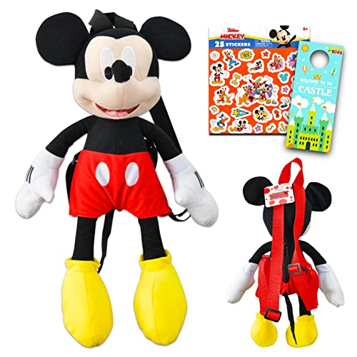 Mickey Mouse Backpack Plush Set - Mickey Mouse Plush Backpack Bundle with Mickey and Minnie Mouse Stickers | Mickey Mouse Backpack for Toddler Boys