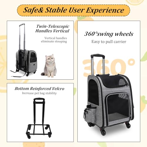 mumisuto Transportbox Katze mit Rädern 360° Drehbar, Transportbox Hund mit Taschen, Hundewagen Trolley-Rucksack, Tragbar und Atmungsaktiv, für kleine Hunde und mittelgroße Katzen bis zu 15 KG