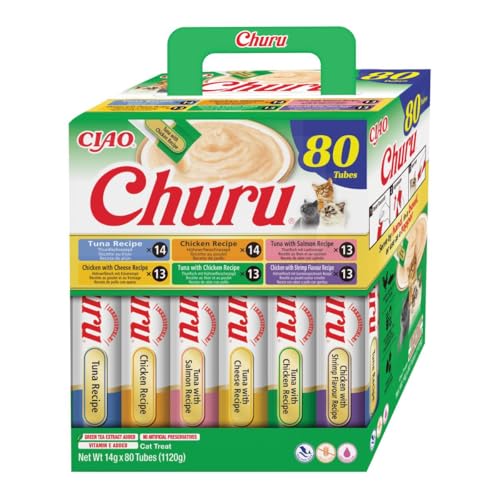 INABA Churu Katzenleckerlis Creamy Snack, Variety Box mit Huhn & Thunfisch, Keine Nebenerzeugnisse, Getreidefrei, Zuckerfrei, Kalorienarm, Fleisch, Premium Katzen Leckerlies 14 g x 80