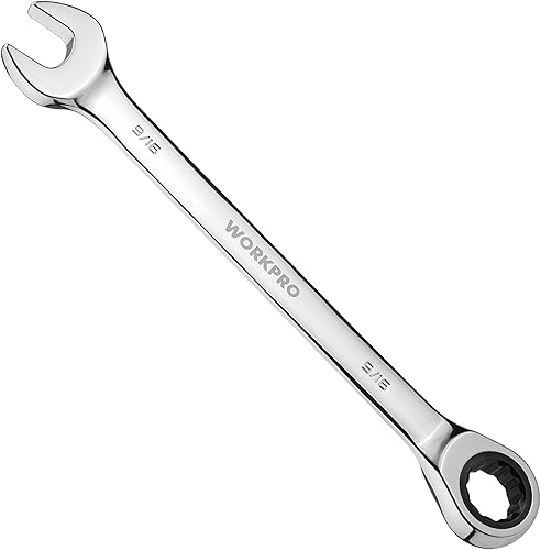 WORKPRO Llave combinada de trinquete de 916 pulgadas SAE, CR-V construida con cromado pulido espejo, diseño de 12 puntos, desplazamiento de 15 grados