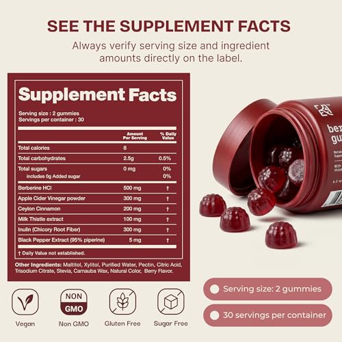 Image of Berberine HCL 500mg Gummies with Ceylon Cinnamon, Milk Thistle, Apple Cider Vinegar & Inulin Fiber - Zero Sugar Vegan Non-GMO Supplement - 60 Count