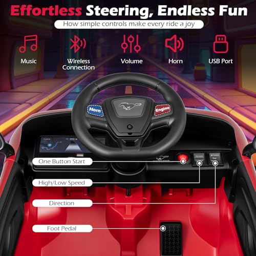 Image of Costzon Ride on Car, 12V Licensed Ford Mach E Kids Electric Vehicle with Parent Control, LED Lights, Horn, Music, Wireless Connection & Spring Suspension, Kids Car Toy for Girls Boys (Red)