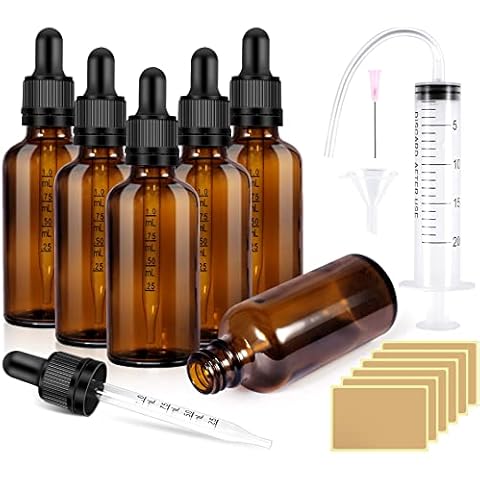 RYMALL Pipettenflasche 6 Stk 50ml Apothekerflasche Pipette Pipette Bottles Brown Glass Bottles mit Trichter Aufkleber Innenstöpsel und Etikett für Ätherische Öle, Aromatherapie-Düfte Cover