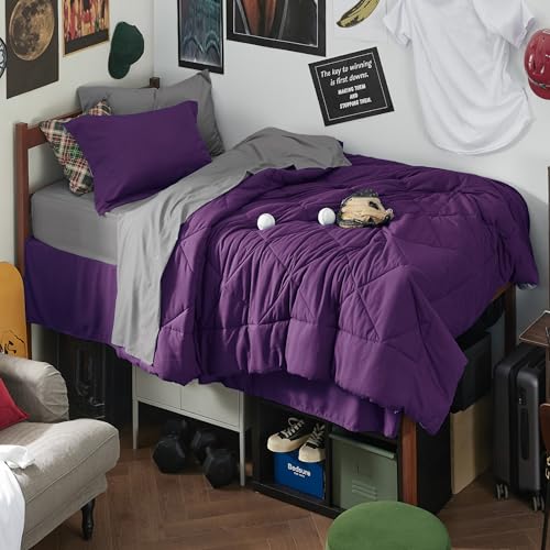 Image of Bedsure Twin XL Comforter - 5 Pieces Reversible Purple Bed in a Bag, Twin XL Bedding Comforter Set College Dorm Essentials for Guys with 1 Flat Sheet, 1 Fitted Sheet, 1 Pillowcase and 1 Pillow Sham
