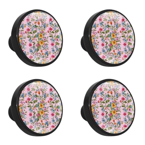 NUEAHEDN 4 PCS Aesthetic Colored Flowers Cabinet Knobs, Bathroom Drawer Pulls Handles, Round Dresser Knobs Door Knobs for Kitchen Cupboard Nursery Wardrobes