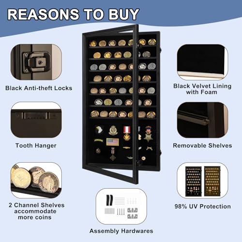 Image of Jinchuan Military Challenge Coin Display Case Lockable Cabinet Holder Shadow Box with Removable 2 Grooves Shelves and Anti Fade Acrylic Glass for Casino Poker Chips Collectibles, Extra Large - Black