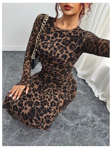 Women's Y2k Leopard Print Fitted Mesh Sheer Bodycon Dress Cheetah Long Sleeve Crew Neck Maxi Dress4