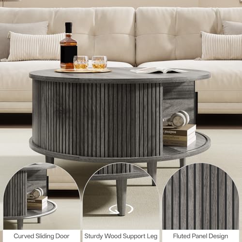 Image of Round Coffee Table with Storage, Mid Century Modern Coffee Table, Fluted Dining Table with Sliding Door, Circle Coffee Table for Living Room Home Office, 31.5 inch, Gray