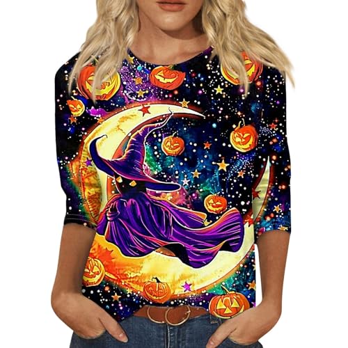 Halloween Shirts for Women 3/4 Sleeve Plus Size Crewneck Loose Fit Cute T Shirt Halloween Costumes for Women 2025