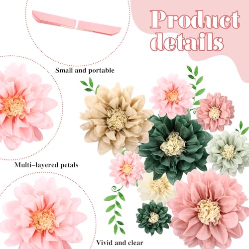 Image of Geyee 18 Pcs Mexican Paper Flowers Colorful Fiesta Tissue Paper Flowers Pom Poms Mexican Carnival for Floral Party Backdrop Wedding Birthday Party Craft (Sage Pink Series,6 inch 8 inch 10 inch)