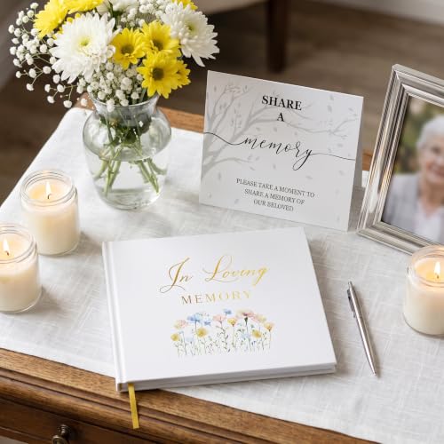 Image of Funeral Guest Book for Memorial Service, in Loving Memory 9x7.5 | 330 Guest Entries, Table Sign Included, Gold Stamping, Wild Floral Design, Celebration of Life Keepsake